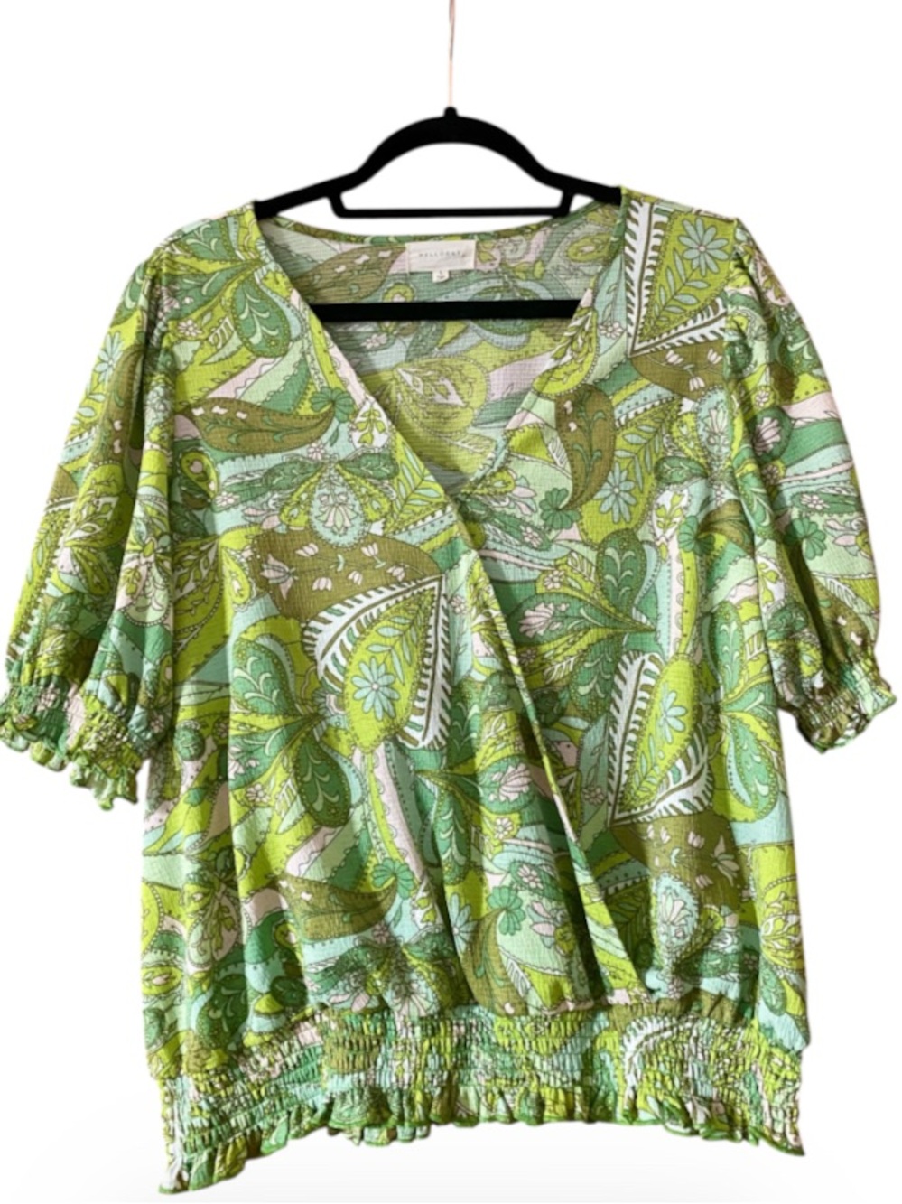 Melloday Paisley Faux Wrap Smocked Hem Puff Sleeve Blouse Green L